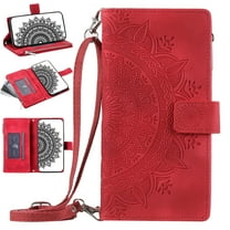 Feishell Zipper Wallet Case for iPhone SE 2022/iPhone SE 2020/iPhone 8/iPhone 7,for Women Men,Embossed Pattern PU Leather Card Slots Magnetic Flip Stand Crossbody Phone Case with Shoulder Strap,Red
