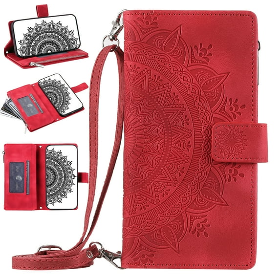 Nalacover for iPhone 7/8/SE 2020/SE 2022 Embossed Floral Pattern PU Leather Crossbody Case with Shoulder Strap,Shockproof Magnetic Flip Stand Credit Card Slots Zipper Pocket Wallet Phone Case,Red