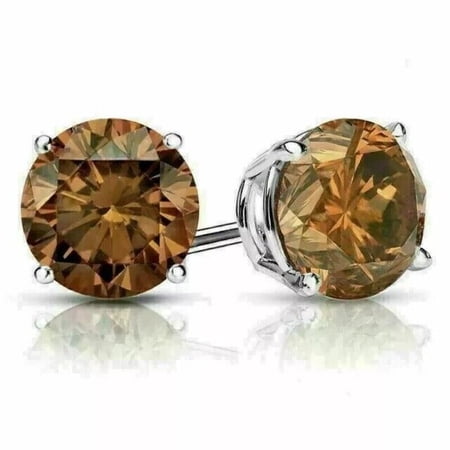3Ct Round Cut Brown Smoky Quartz Solitaire Stud Women's Earrings 14k White Gold Finish Silver
