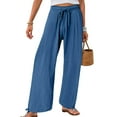 thumbnail image 6 of vigerkar Women's Cotton Linen Drawstring Wide Leg Pants High Waisted Casual Loose Trousers Straight Pants with Pockets Blue, XL, 6 of 6