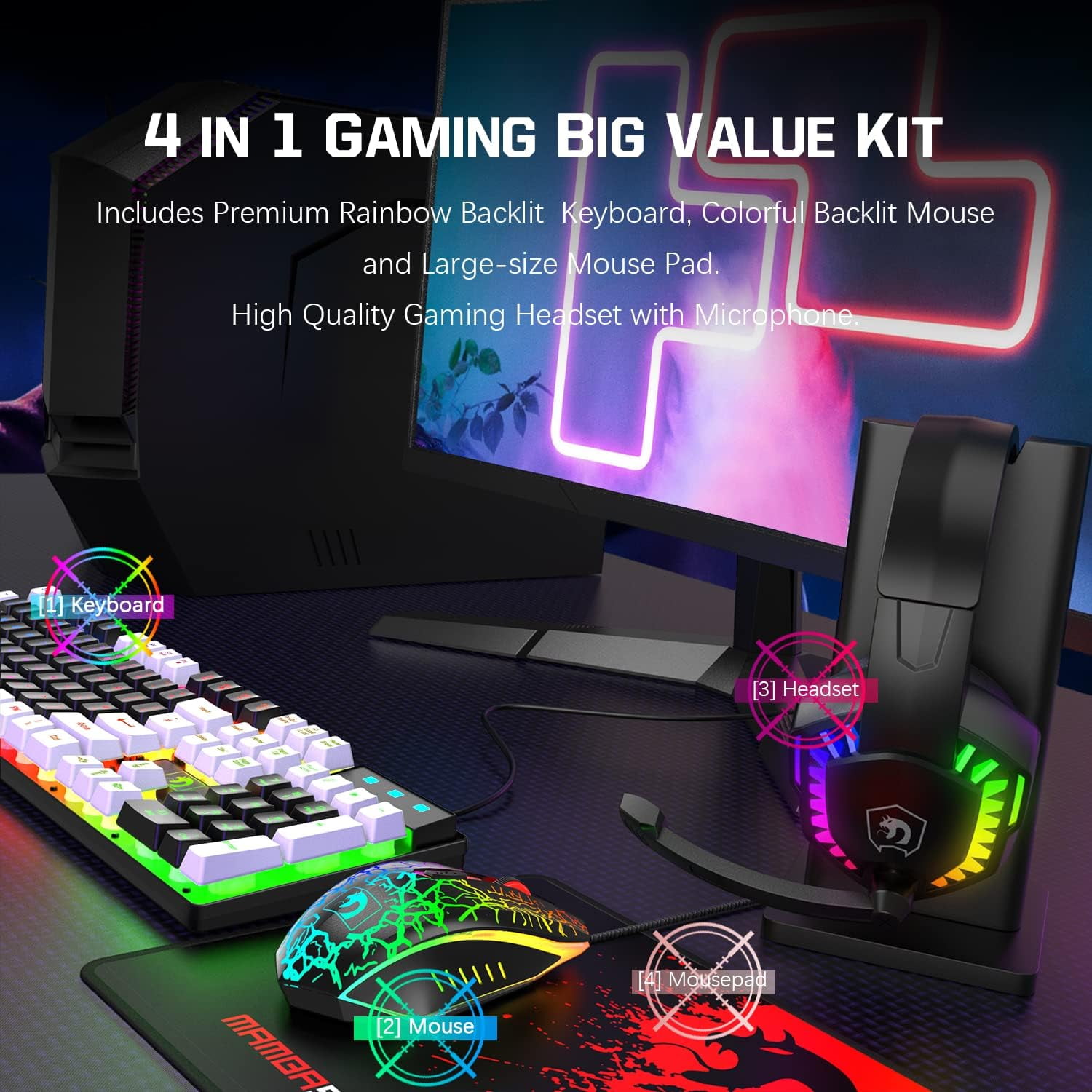 Wired Gaming Keyboard and Mouse and Mouse pad and Gaming Headset,Rainbow LED Backlit Keyboard,Over Ear Headphone with Mic,Gaming Mice,Mouse Pad,for PC Gamers and Xbox and PS4(Black/White)