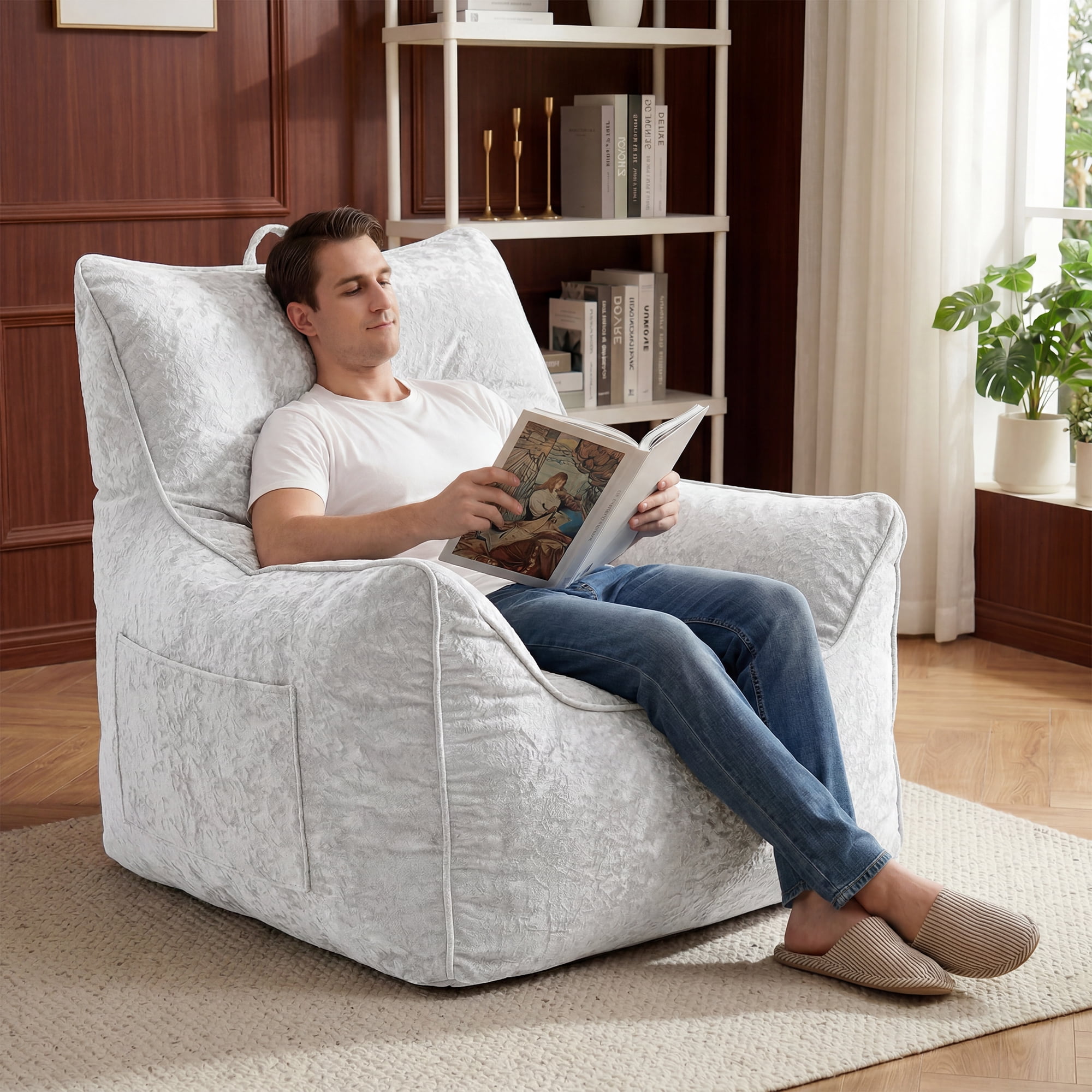 Bean Bag Chair for Adults – Cozy Chenille Bean Bag Sofa with Armrests, Shredded Foam Filling, Soft Lazy Lounger for Living Room or Bedroom