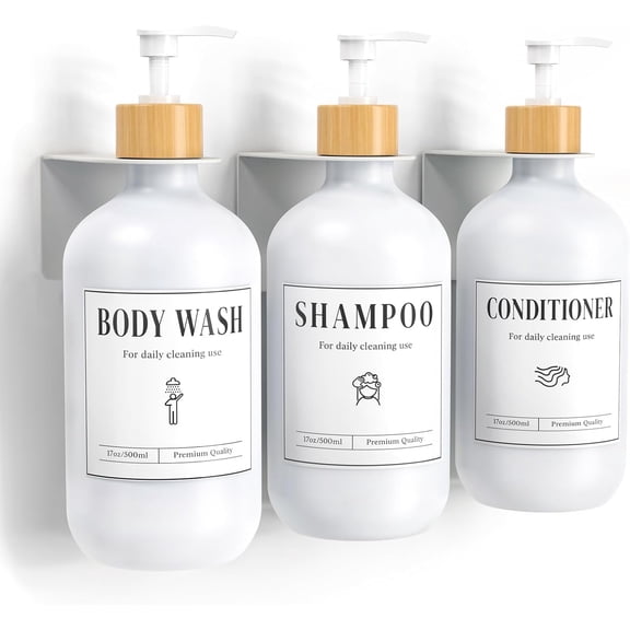 Luxspire Shampoo and Conditioner Dispenser, Shower Soap Dispenser Wall Mounted 3 Sets White Plastic Bottles Bamboo Pump, 500ml Shampoo and Conditioner Bottles for Bathroom, Shower Wall and Hotel