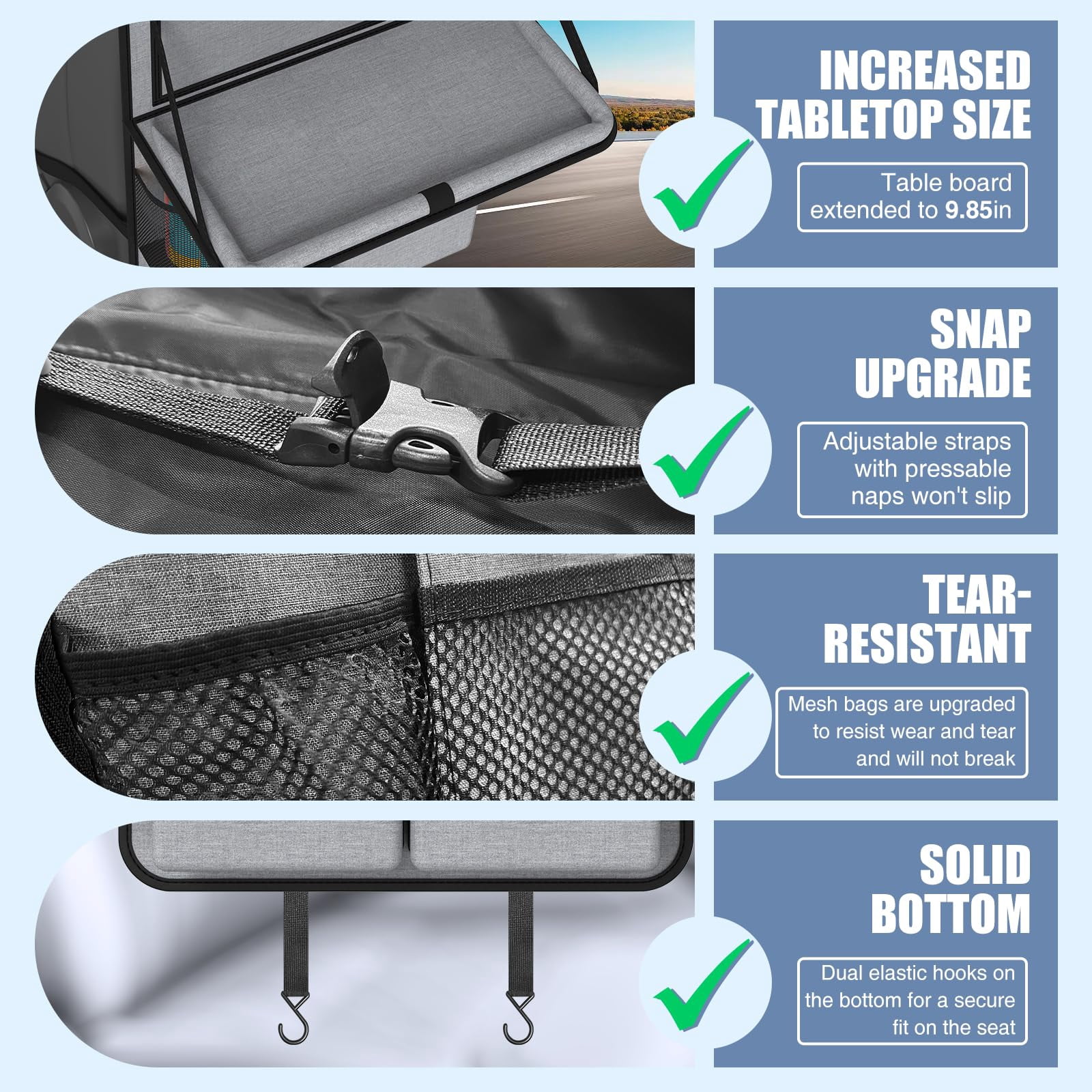 GUANGHUI Car Backseat Organizer with Tablet Holder,11 Storage Pockets with Foldable Food Tray, Protector Kick Mats for Kids, Travel Accessories Organizer (Gray, 1Pack)