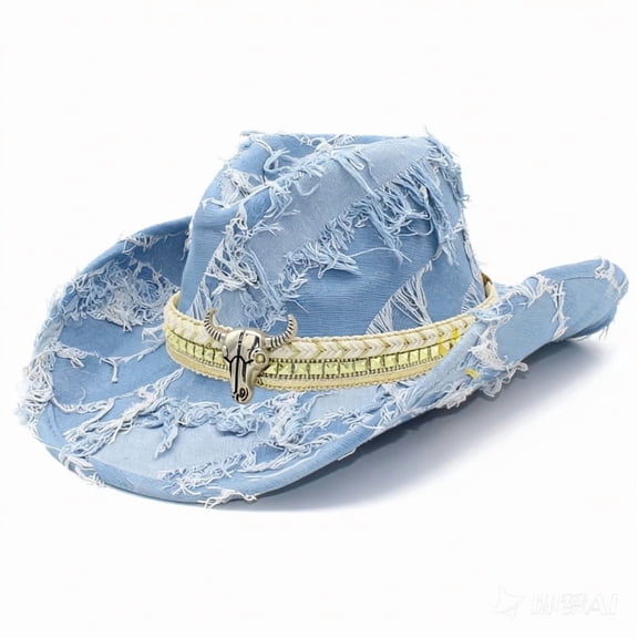 Western Cowboy Hat for Men Women Distressed Denim Cowgirl Hat Vintage Country CowGirl Hats, Denim Cowboy Hat Shapeable Wide Brim Outback Hat