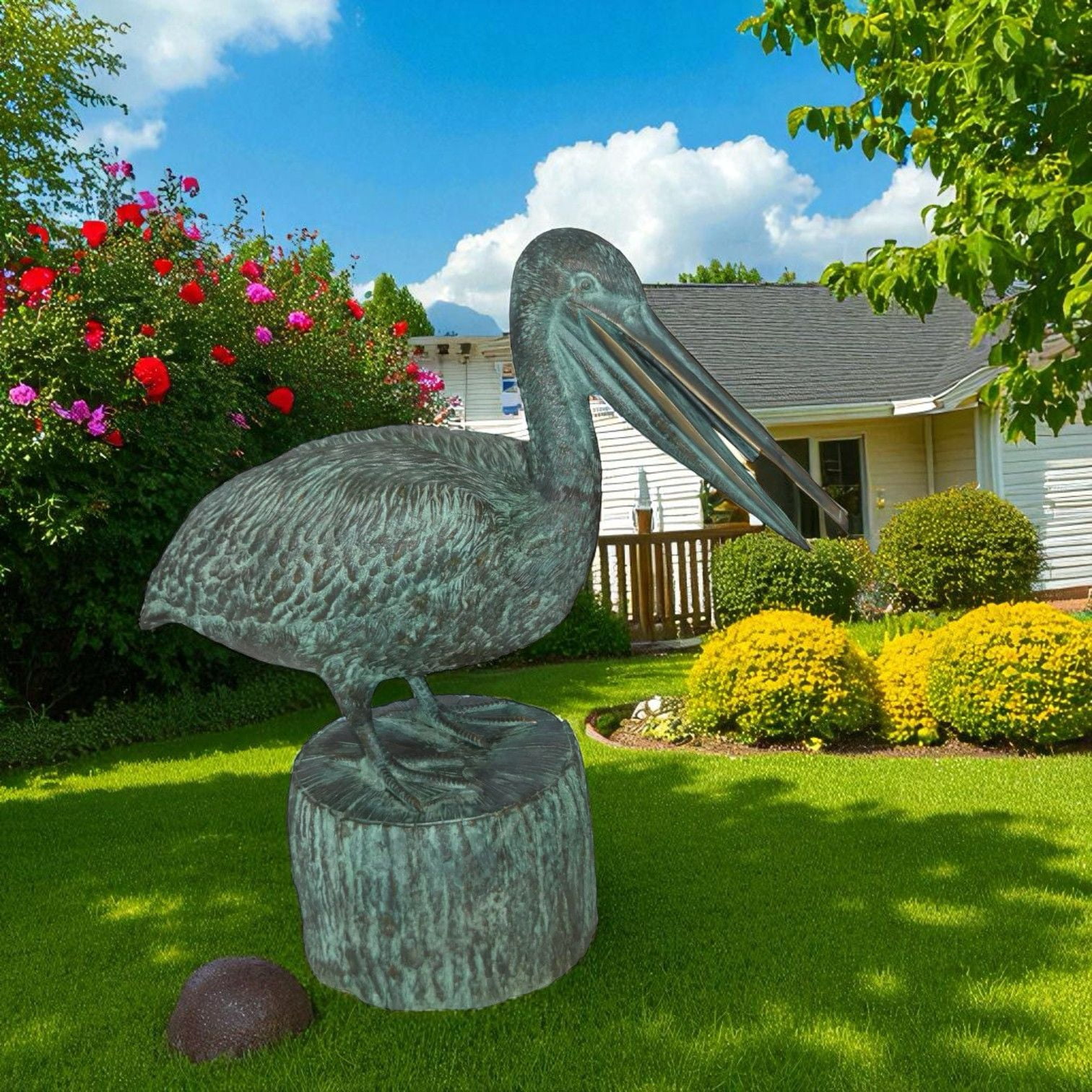 Nifao Pelican on a Tree Stump fountain bronze statue – Garden Outdoor Decor Sculpture, 30"L x 16"W x 46"H