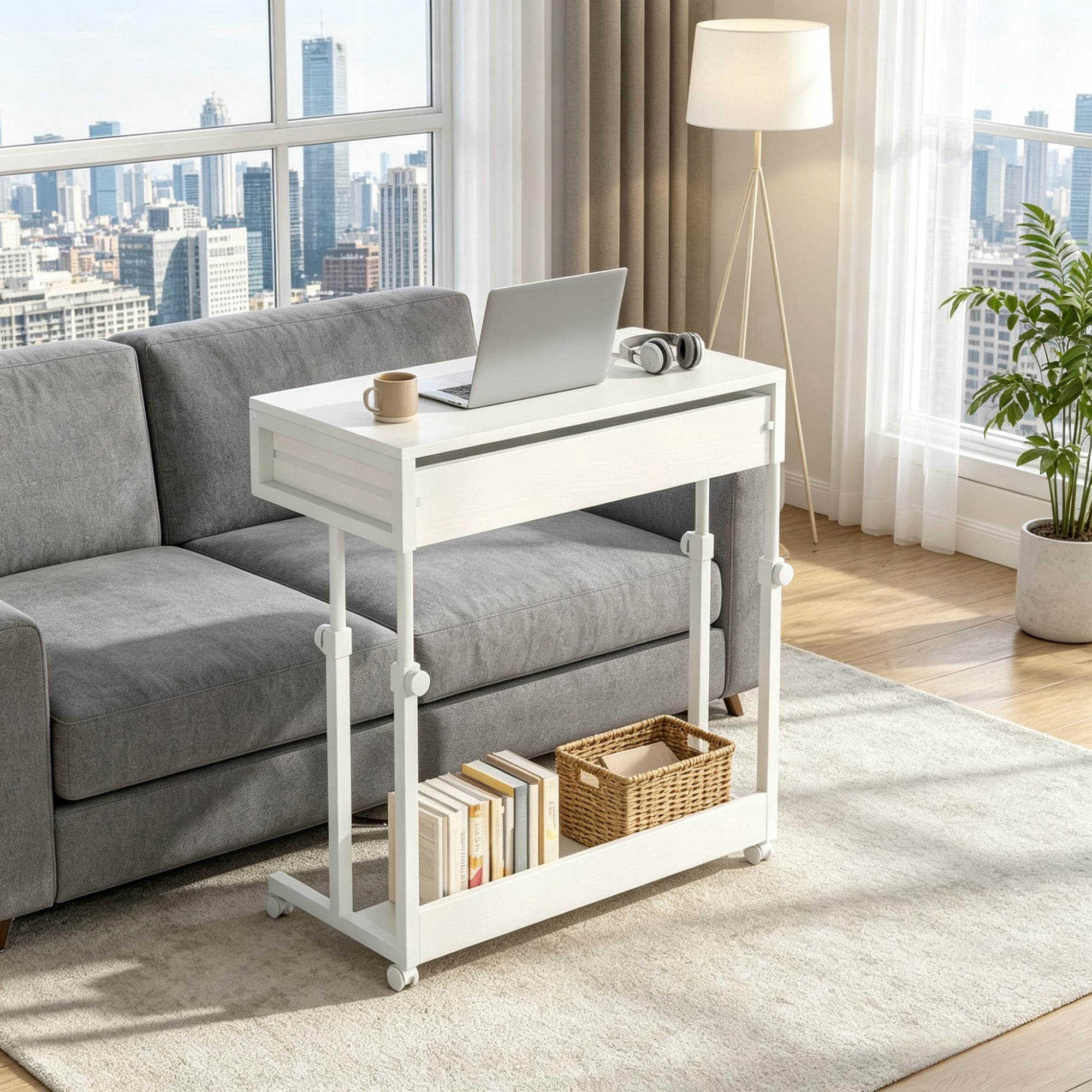 Astoutdoor Mobile Side Table Height Adjustable Portable Desk with Storage Drawers