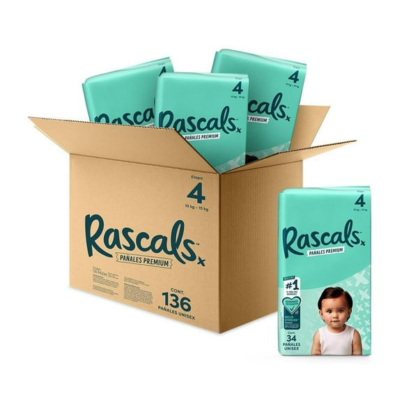 Pañales premium Rascals Etapa 4 Unisex 136 piezas
