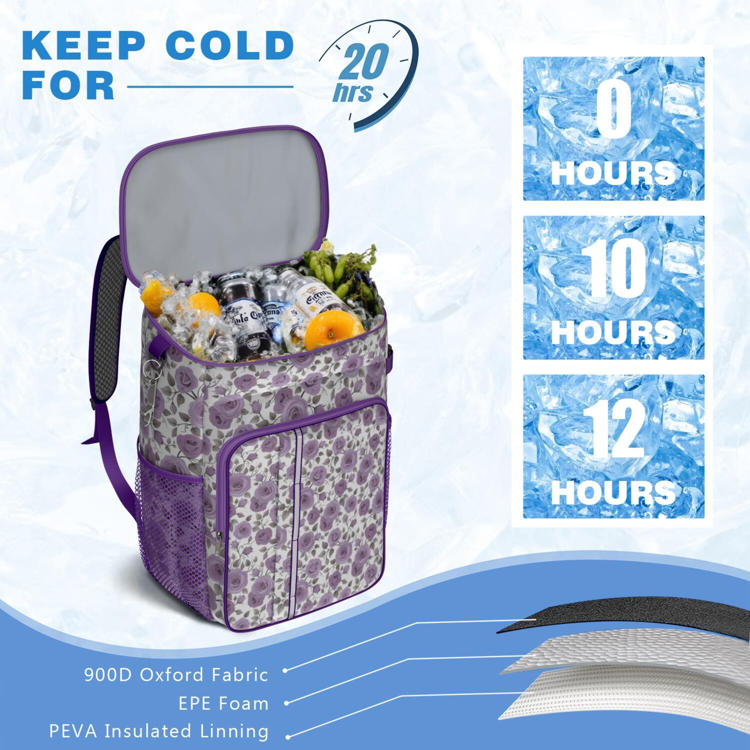 Travel Cooler Bag - Pioneer Flower Floral Print Pattern Camping Beer Cooler Backpack with Bottle Opener- Waterproof Insulated Picnic Backpacks - Cooler Bag for Beach