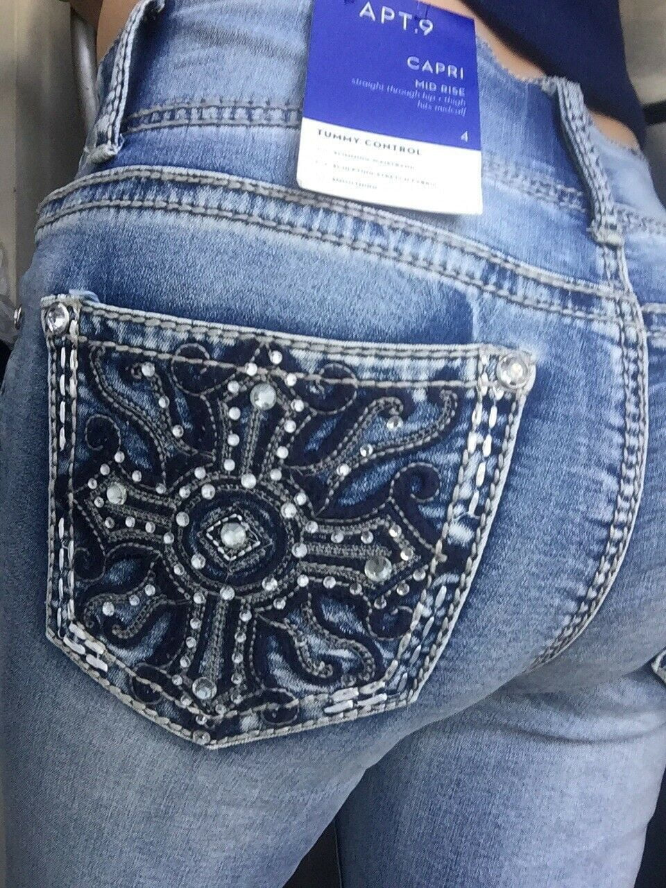 AAT.9 Women s Rhinestone Tummy Control Mid Rise Capris Cropped