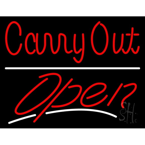 Carry Out Open LED Neon Sign 15 x 19 - inches, Clear Edge Cut Acrylic Backing, with Dimmer - Bright and Premium built indoor LED Neon Sign for restaurant window and interior decor.