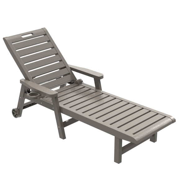 EasyUp Chaise Lounge Outdoor, Lounge Chair Outdoor with Wood Texture, Adjustable 5-Position Backrest,Lounge Chair with Wheels & Cup Holder for Pool Deck Backyard, Grey