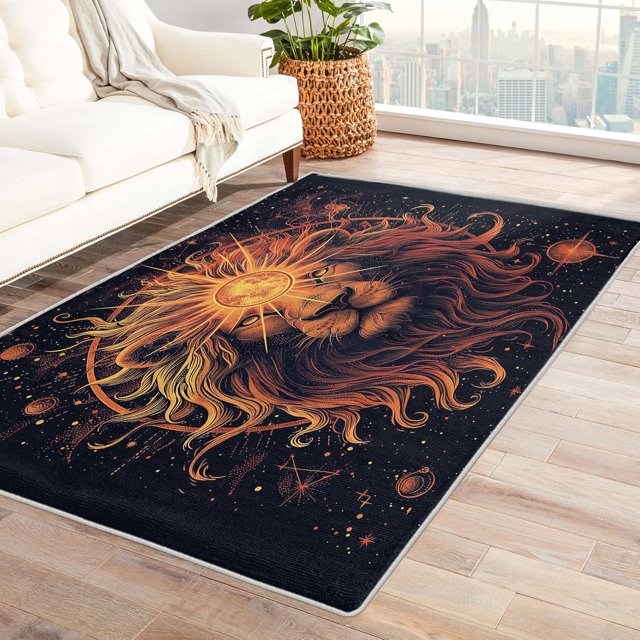 Leo Zodiac Area Rug - 4x5 Rug - Leo Rug - Lion Head Constellation Area Rug - Celestial Rugs - Black and Gold Carpet
