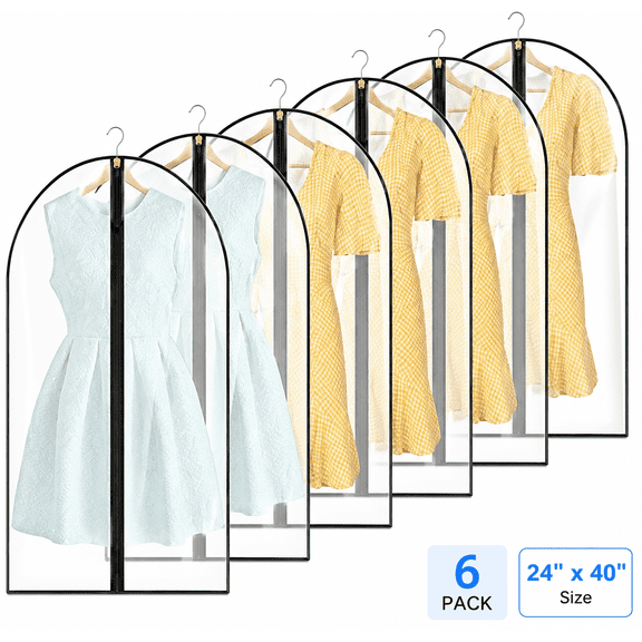 6 Pack Garment Bags for Hanging Clothes, 24 x 40 Inch Translucent Suit Bags for Closet Storage with Black Full-Length Zipper, Clothes Covers for Suits, Coats, Jackets and Shirts