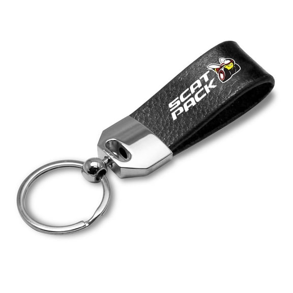 iPick Image for Dodge Scat-Pack Black Real Leather Loop Strap Chrome Metal Key Chain, Official Licensed