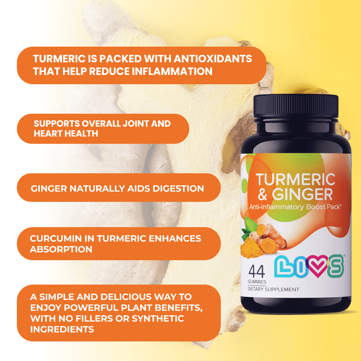LIVS Turmeric & Ginger Gummies – Joint Relief, Gut Balance & Digestive Support – Natural Detox Formula – Apricot Flavor – Pack of 2 – 88 Gummies with 44 Servings