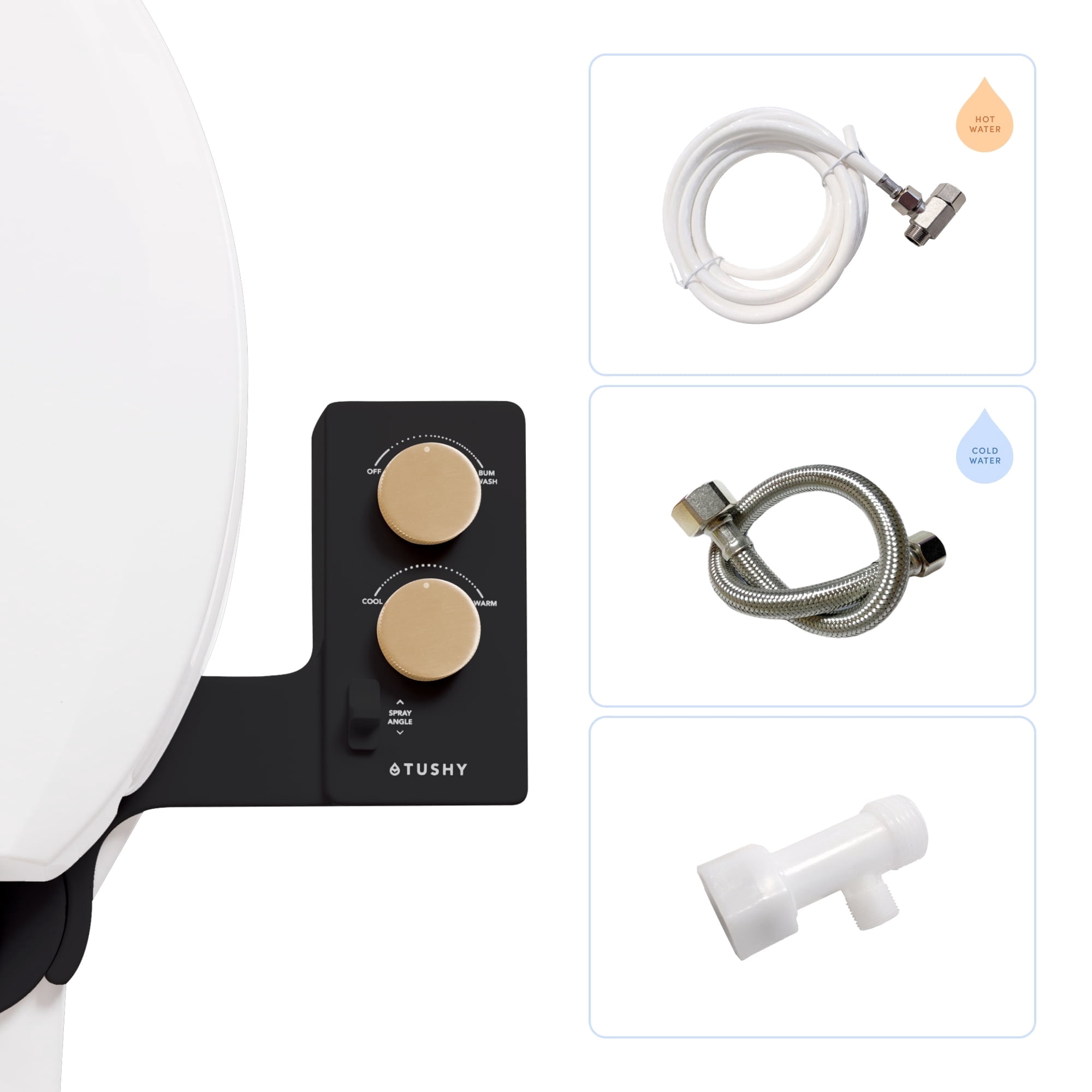 TUSHY Spa Warm Water Bidet Attachment, Adjustable Nozzle, Pressure Control, Easy DIY Install, Noir/Gold