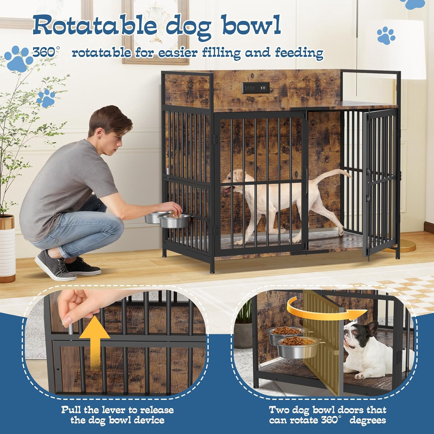 48" Dog Crate Furniture for Large Dogs, Wooden Dog Kennel with 360° Rotating Feeder Bowls and 3 Doors, Indoor Dogs Crates with USB Charging Station, Heavy Duty Medium Dog Cage