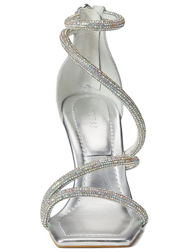 GUESS Womens Silver Metallic Heel Strappy Padded Rhinestone