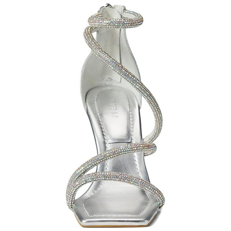 GUESS Womens Silver Metallic Heel Strappy Padded Rhinestone