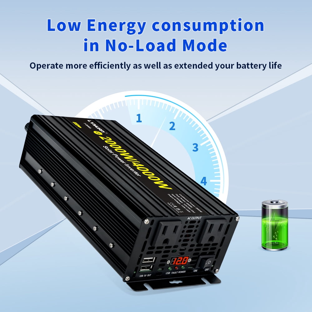 2000W 4000W Peak Modified Sine Wave Power Inverter 12V DC to 110V AC Converter Adapter USB Charger, 2AC Outlets & 2 USB, LED Display for Car, RV, Outdoor Camping & Home Backup Black