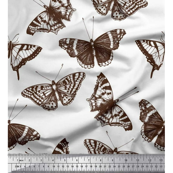 Soimoi White Japan Crepe Satin Fabric Butterflies Butterfly Printed Fabric 1 Yard 42 Inch Wide