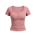 thumbnail image 4 of GUACER Short Sleeve Tops for Women Pointelle Ribbed Lace Trim Scoop Neck Henley Shirts Slim Fit Y2K Coquette Basic Tees, 4 of 6