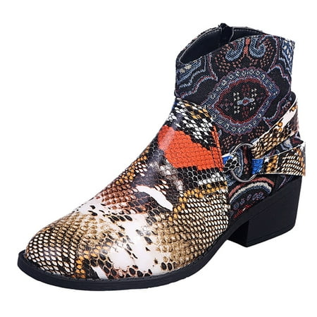 

Tepsmf Womens Winter Boots Women Snake Pattern Suqare Heels Zipper Embroidery Short Booties Round Toe Shoes