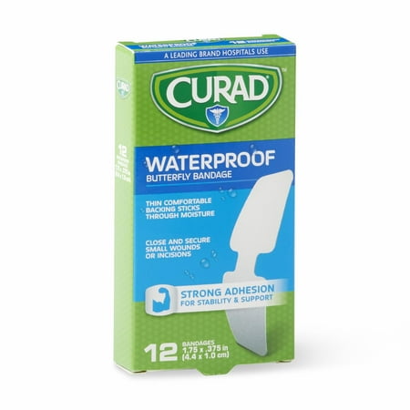 CURAD Butterfly Closure Waterproof Adhesive Bandages, 1-3/4" x 3/8", Ideal for Wound Care, Box of 12