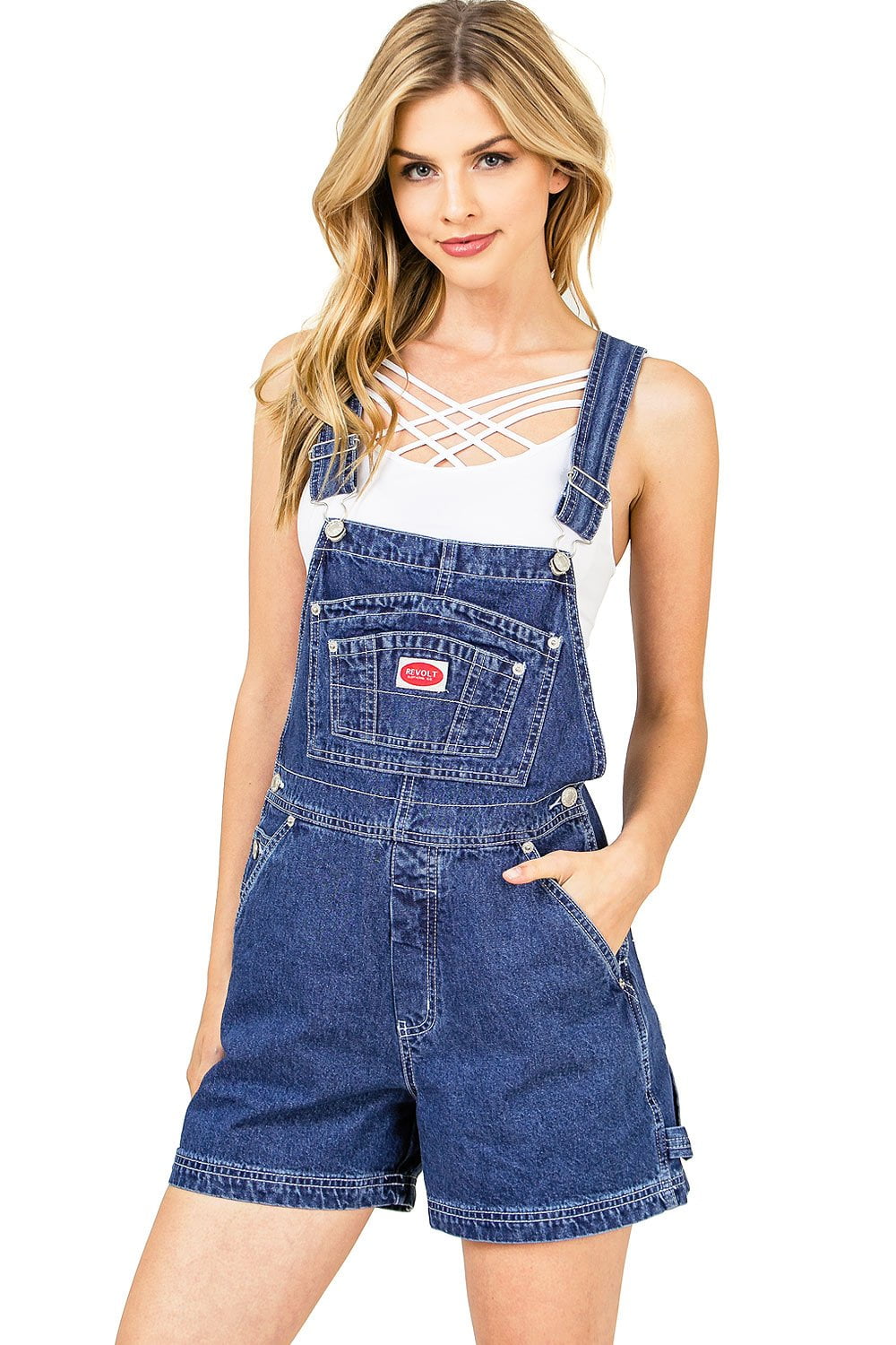 Revolt Women's Juniors Classic Denim Short Overalls (S, Medium Denim ...