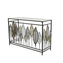 DecMode 44" x 30" Black Metal Rectangular Leaf Console Table with Mirrored Glass Top and Gold Accents, 1-Piece