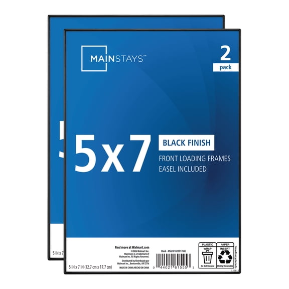 Mainstays 5x7 Picture Frame Black Front Loading Wall or Tabletop Photo Frame, Set of 2