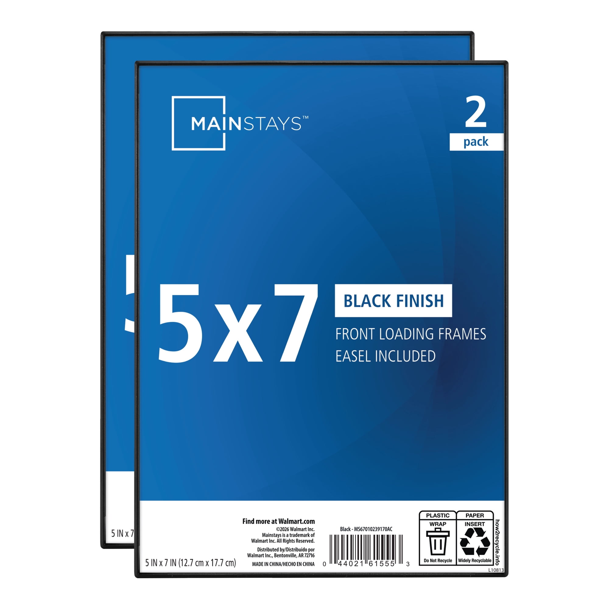 Mainstays 5x7 Picture Frame Black Front Loading Wall or Tabletop Photo Frame, Set of 2