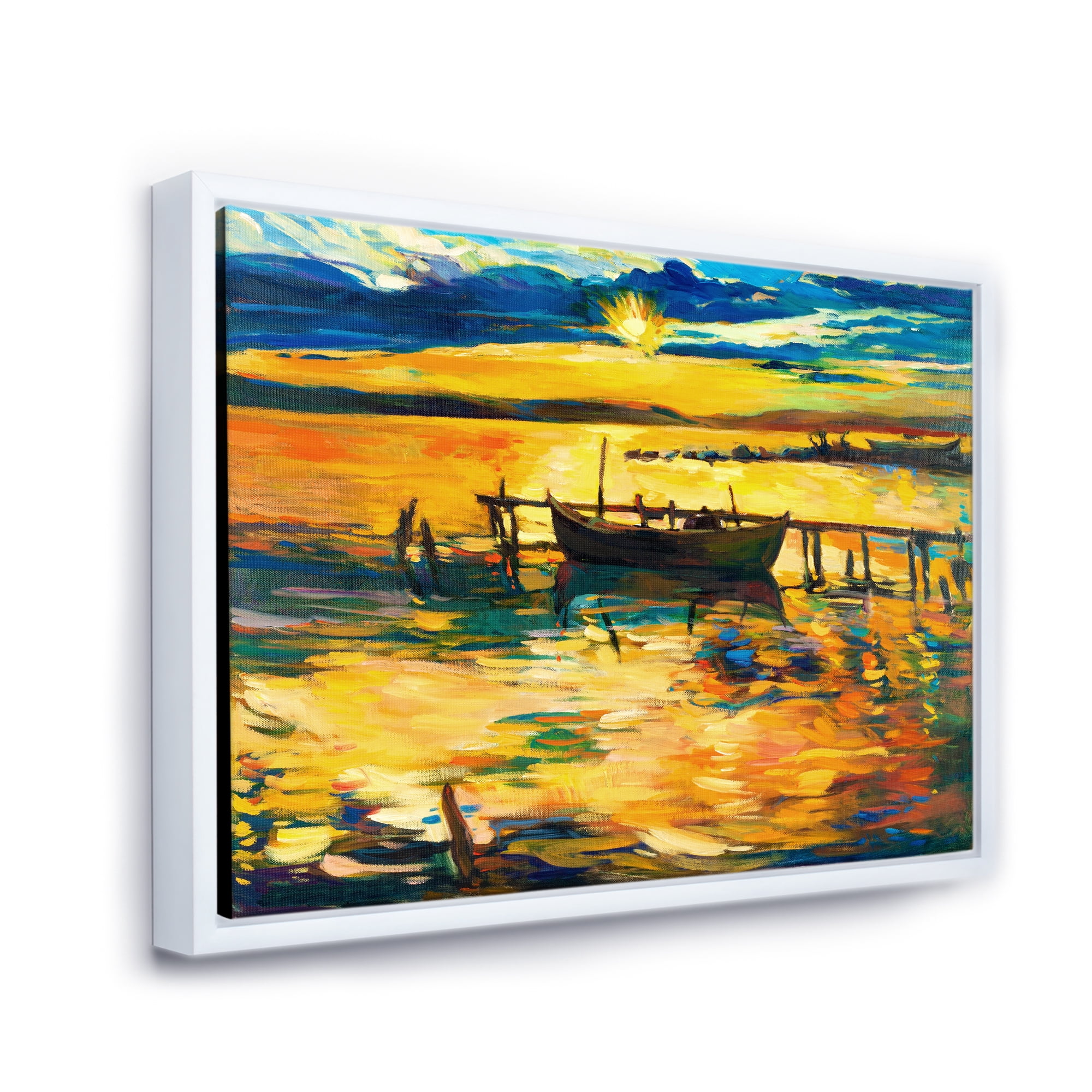 Designart 'Boat At The Lake During Evening Glow VI' Nautical & Coastal Framed Canvas Wall Art Print