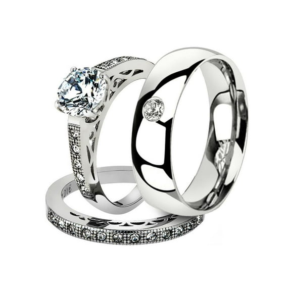 His & Her 3 Pc Stainless Steel 1.39 Ct Cz Bridal Set & Men Zirconia Wedding Band Women's Women's Size 10 Men's Size 10