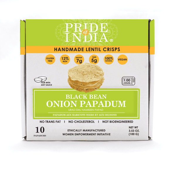 Pride of India Onion Papadum, 10 Count (3.53oz - 100g) | Indian Lentil Crisps (Papad) | Gluten-Free, Vegan, Healthy Snacks | Easy to Cook, Light & Crunchy in Seconds