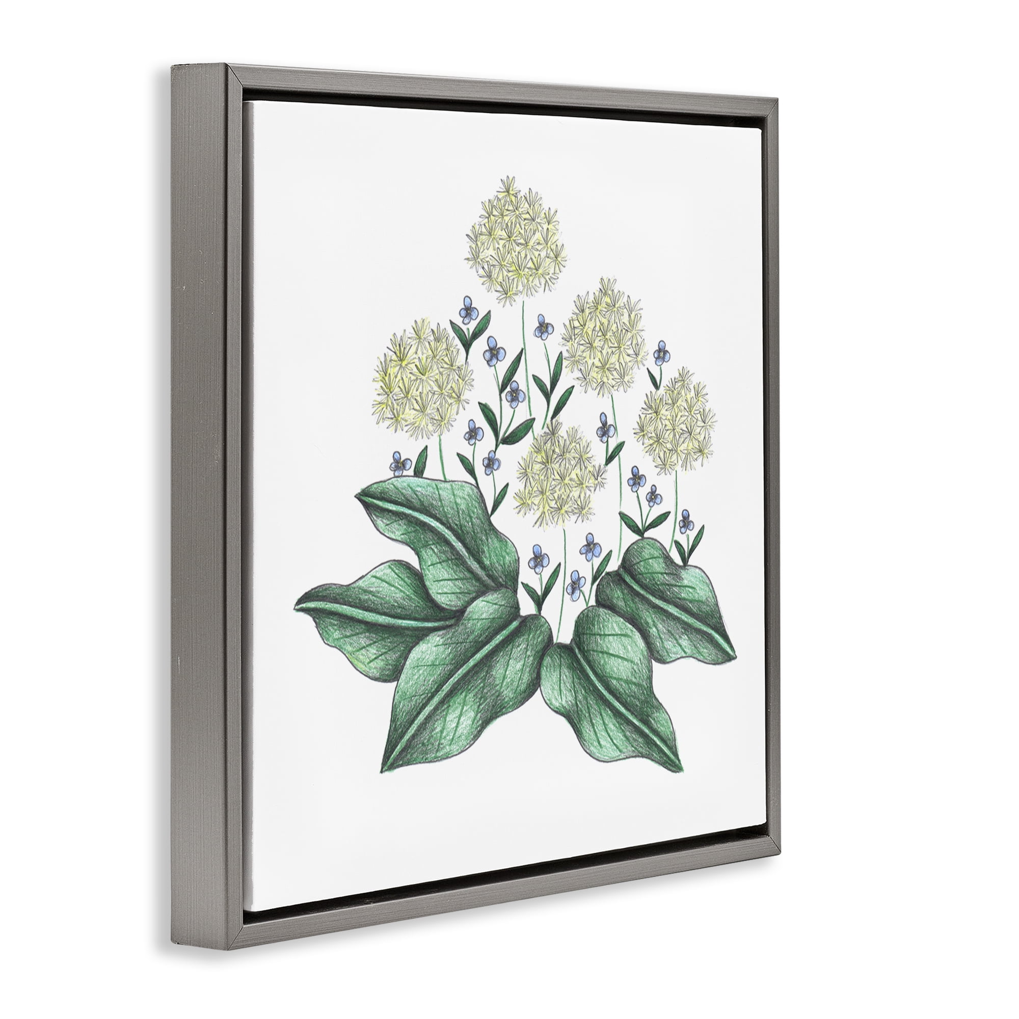 Hello Wildflower Vintage Sketch Gray Framed Floater Canvas Wall Art, design by Cecilia Battaini