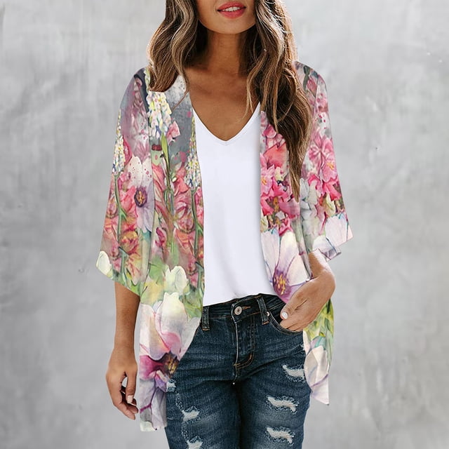 Cárdigan de mujer, blusa informal estampada de manga larga con bolsillo, cárdigan, chaqueta de gasa sin límites para mujer