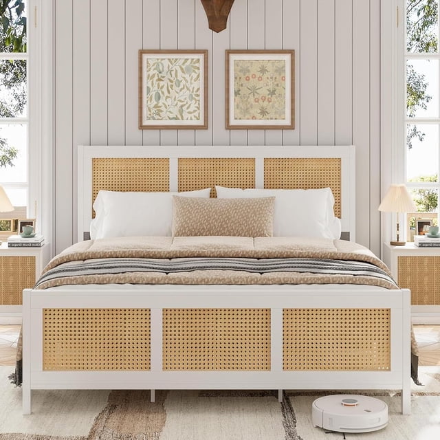 Queen Bed Frame with Headboard, Boho Rattan Bed Frame with Strong Metal Slat, Noise Free, No Box Spring Needed, White and Natural