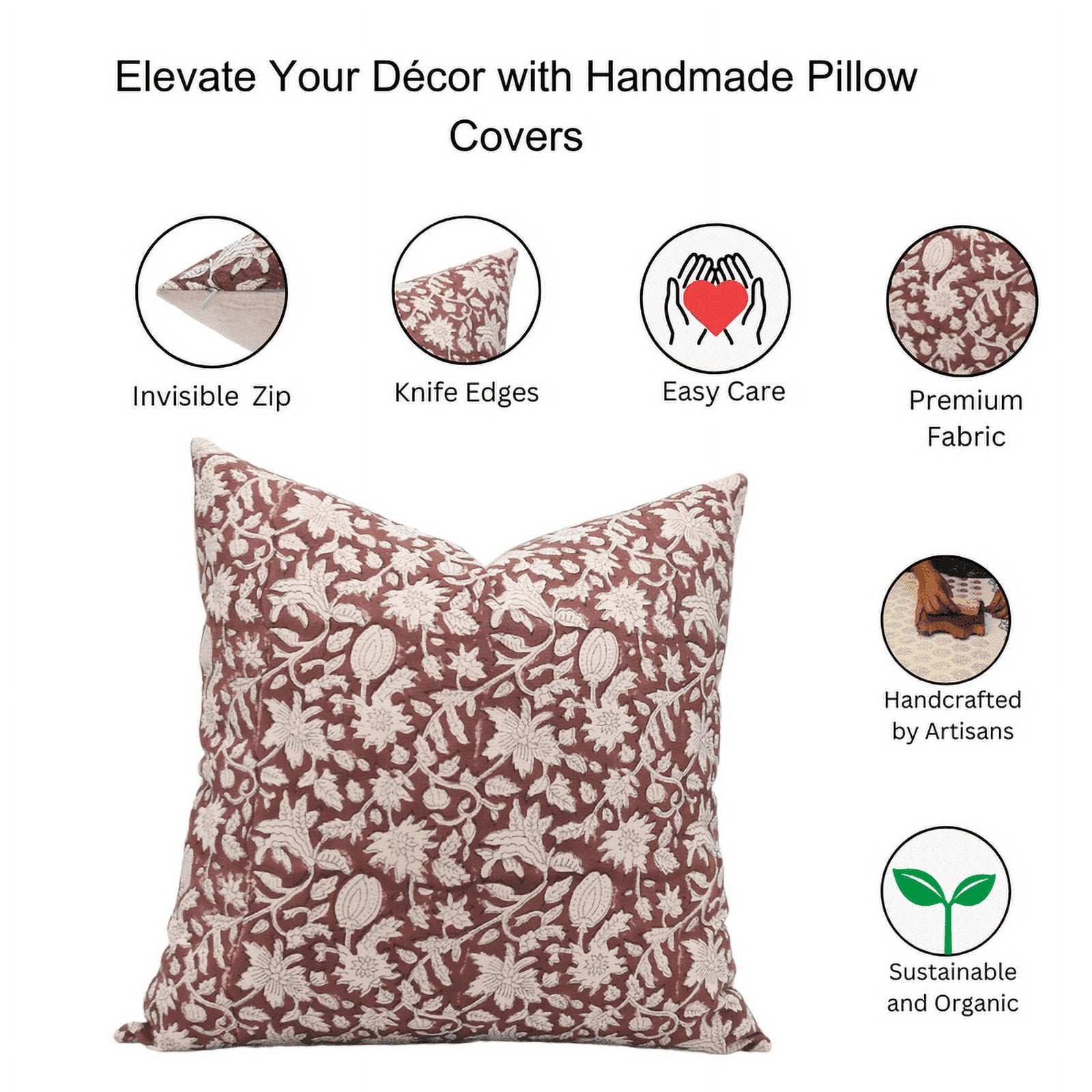 Fabdivine Handmade Floral Block Print Duck Canvas Decorative Cushion Cover 18x18 Inch Brown Boho
