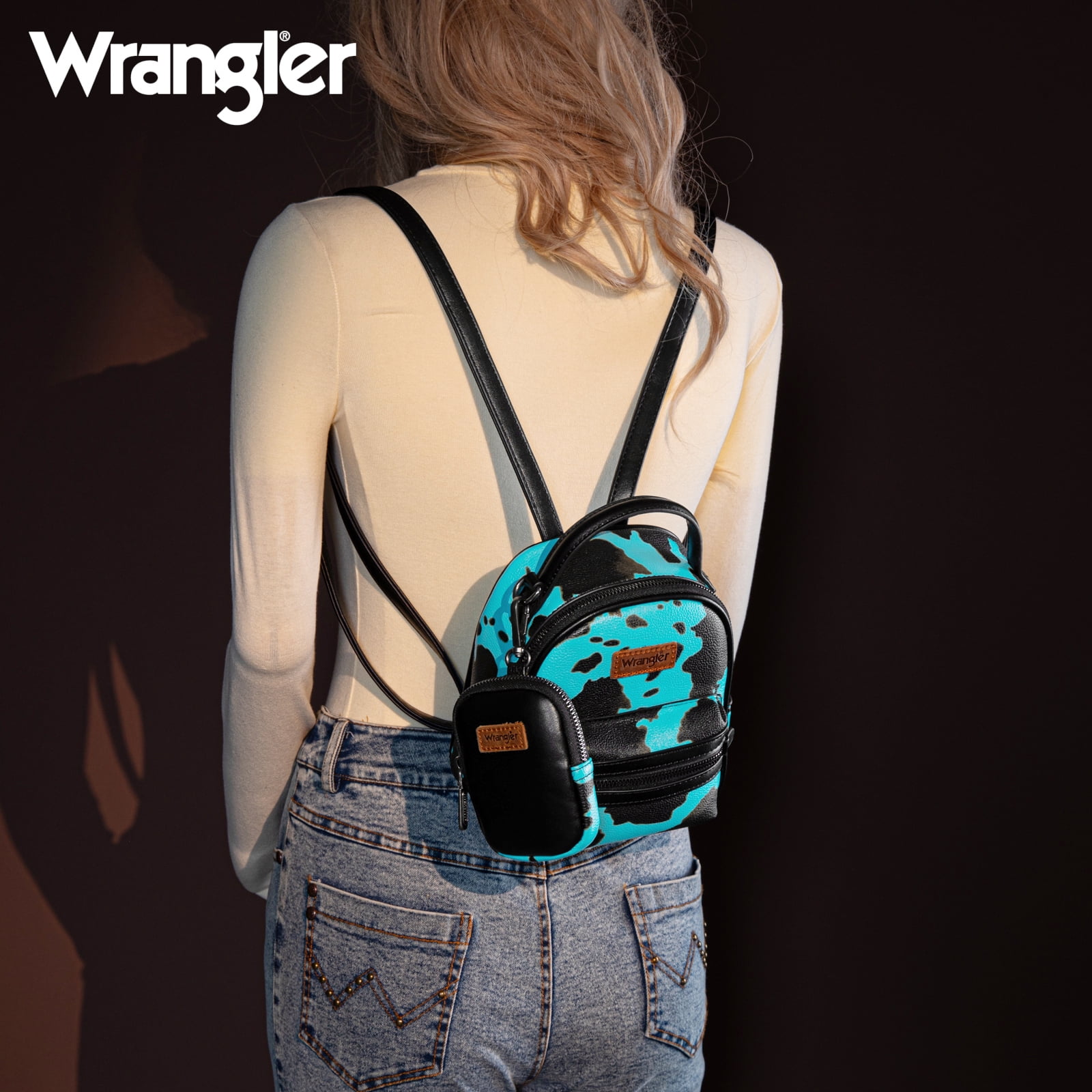 Wrangler Mini Backpack Cute Cow Print Backpack Purse for Women, Turquoise