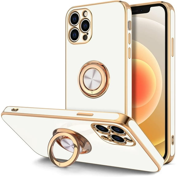 Case for iPhone 12 Pro Max Case with Ring Stand [360° Rotatable Ring Holder Magnetic Kickstand] [Soft Microfiber Lining] Plating Rose Gold Edge Shockproof Protective Phone Cases Cover, White