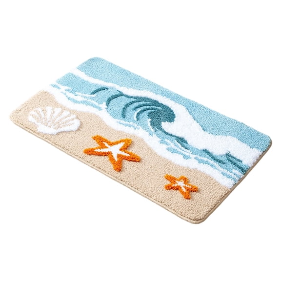 Blue Beach Bathroom Rugs, Soft Microfiber Washable Absorbent Quick Dry Bath Mat with Starfish Seashell, Waves Beach Shower Mat, Coastal Decor A