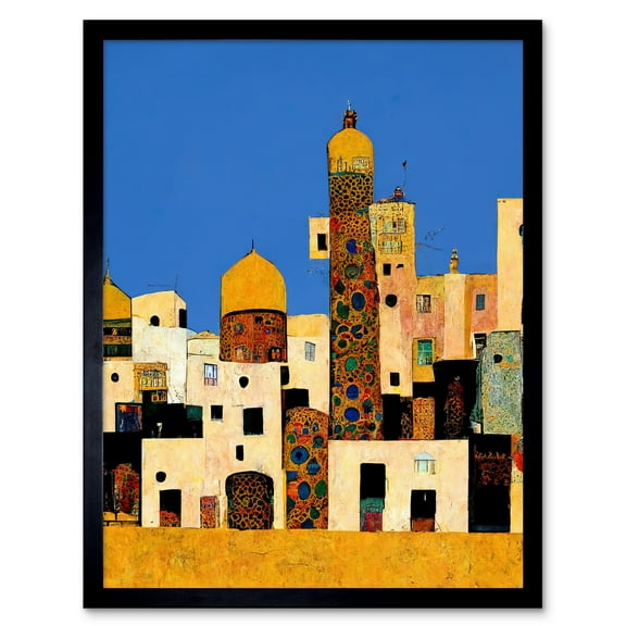 Klimt Style Moroccan Cityscape Blue Gold Art Print Framed Poster Wall Decor 12x16 inch