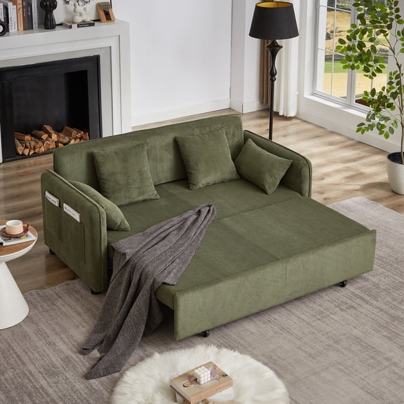 66" 3-in-1 Adjustable Sleeper Sofa Bed with Pull Out Bed,4 Pillows & Side Pockets,Corduroy Convertible Sofa Bed for Living Room,Bedroom,Apartment,Office,Green