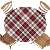 Round Tablecloth, Fitted Elastic Edge Design, Merry Christmas Plaid Stripe Background, Polyester Cover for Camping, Party Decor, Fit for Diameter 48.2"-52.1" Round Table