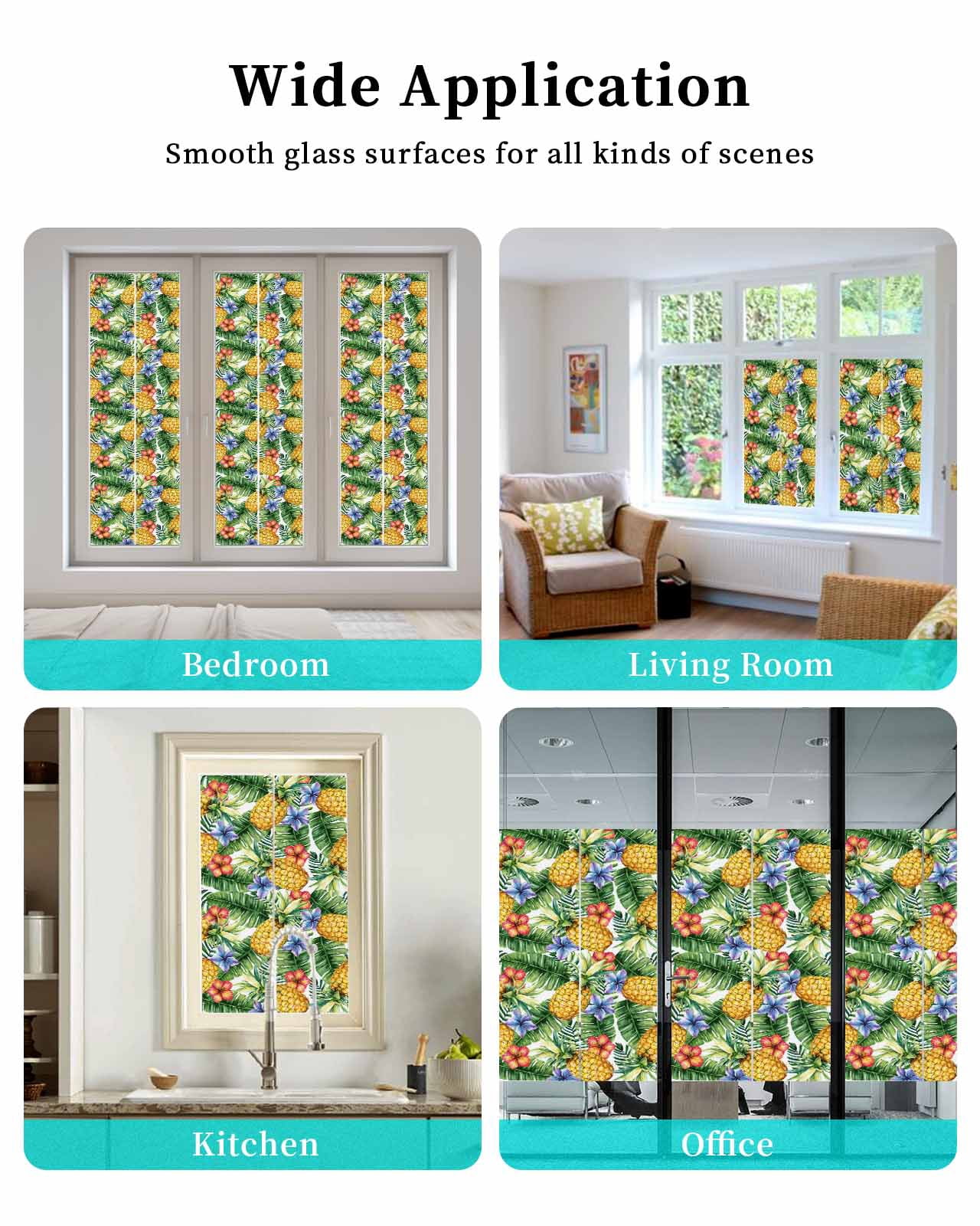 Window Privacy Film Pineapple Stained Glass Window Film Decorative Sun Block Window Cover Yellow Tropical Fruit Palm Leaf Floral Summer Window Clings Static Adhesive Sticker for Bathroom 35.4"x78.7"