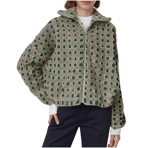 Zip-up Plaid Jackets Women Lapel Collar Long Sleeve Fuzzy Fleece Sweatshirt for Fall Winter Full Zipper Flannel Tops with Pockets