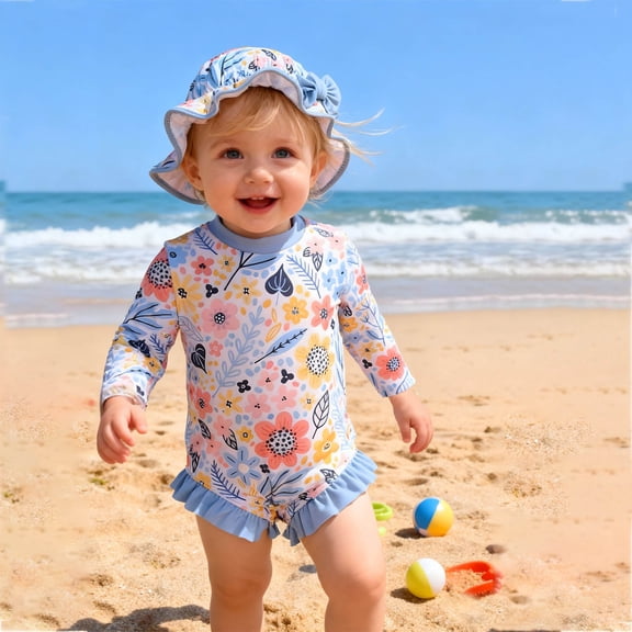 OOOUM Baby Girls Printed Long Sleeve Rash Guard Set Upf 50 Sun Protection Ruffle Hem Swimsuit With Matching Sun Hat Toddler Kids Cute Fashion Summer Beach Bathing Suit Sky Blue 15-18 Month
