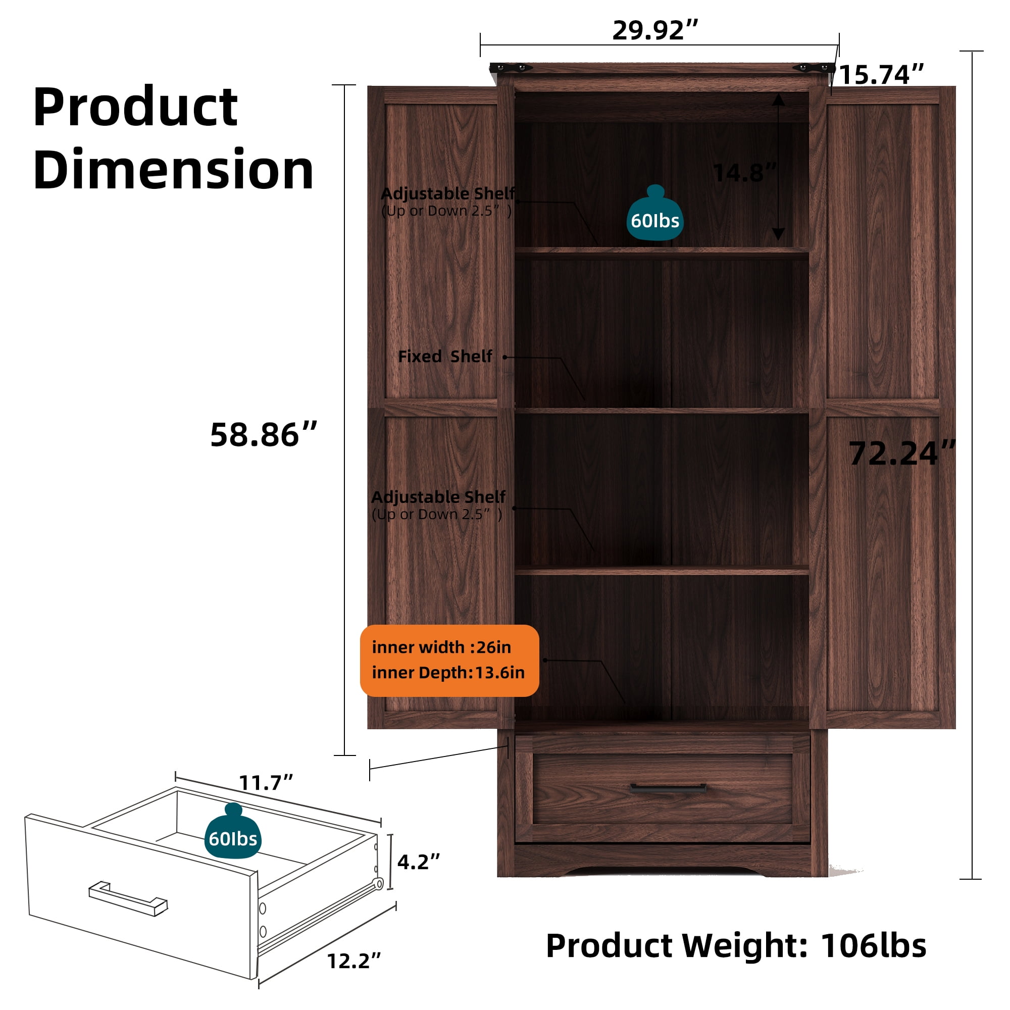 ACCOHOHO Pantry Cabinet, 72" Tall Farmhouse Storage Cabinet with Adjustable Shelves & 1 Drawer for for Kitchen, Dining Room, Brown